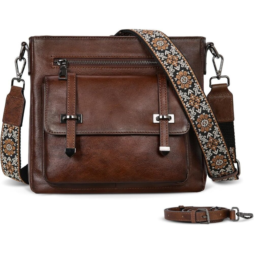Women Coffee leather Imported Zipper Purse Adjustable Strap Crossbody Bag